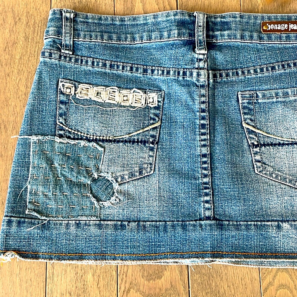 Bonage Jeans Distressed Sequin Denim Mini Skirt Patchwork Low Rise Stretchy 9/10 - Picture 9 of 16